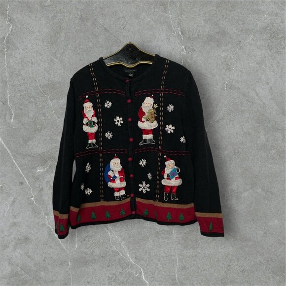 VTG Studio Joy Ugly Christmas Sweater Women's Large Cardigan Black Santa Snow - Picture 7 of 7